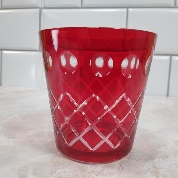 Vtg Czech Style Ruby Red Diamond Cut Glass 3" Bar Cocktail Tumbler Rocks Glass - Picture 4 of 10